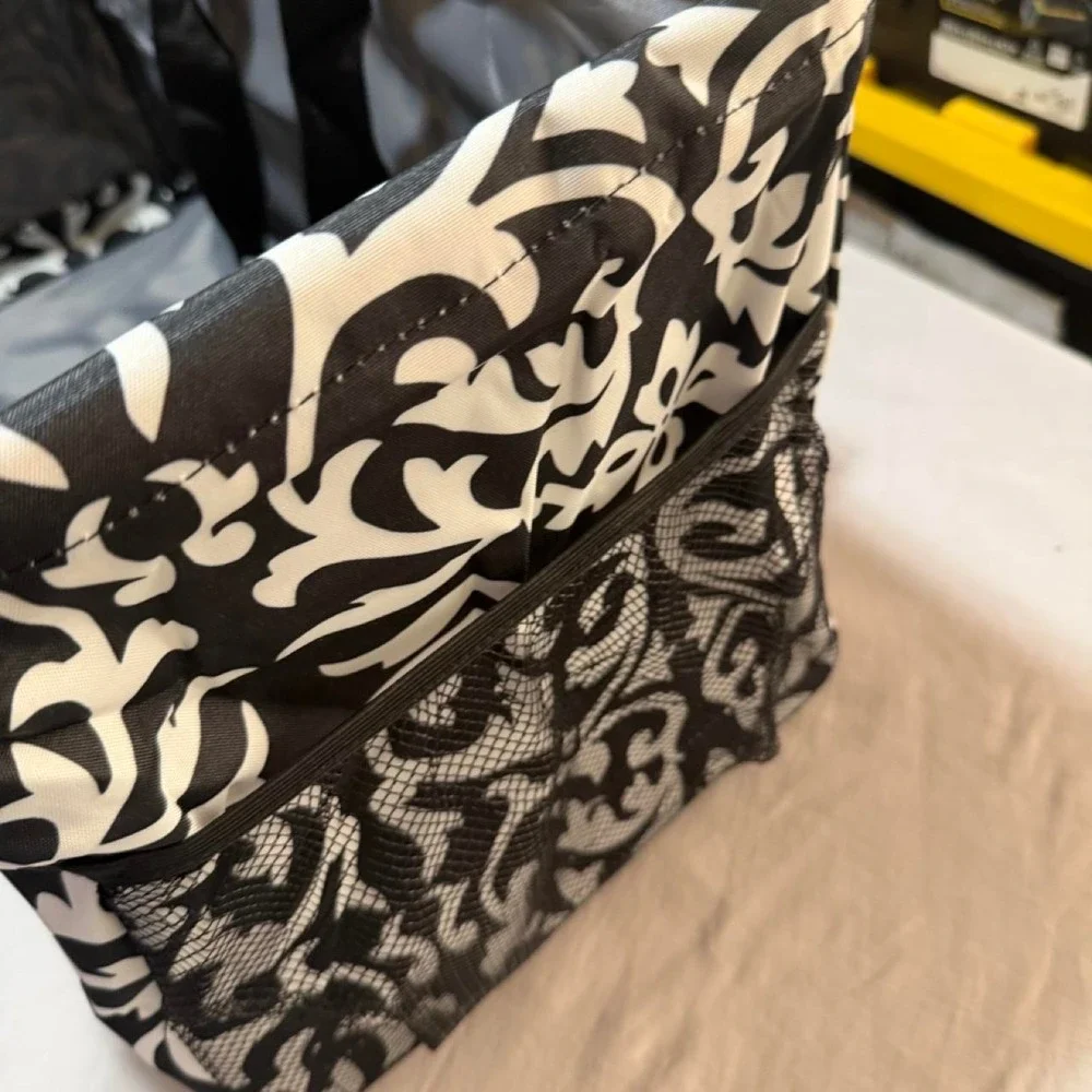 Black White Damask Cooler Bag Insulated XL Utility Tote Collapsible Picnic Bag